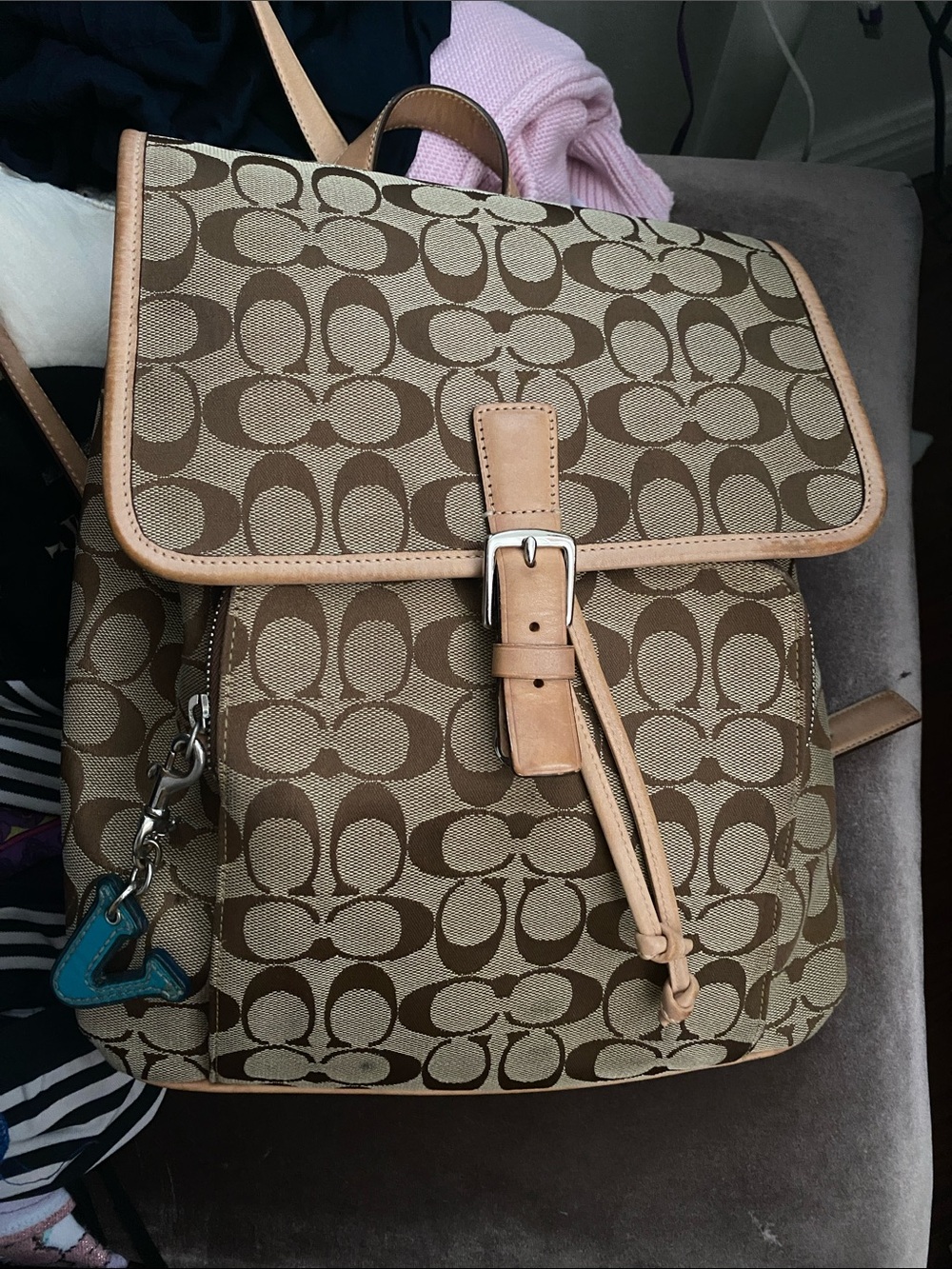 Coach Brown Signature Canvas Backpack with Tan Leather Trim
